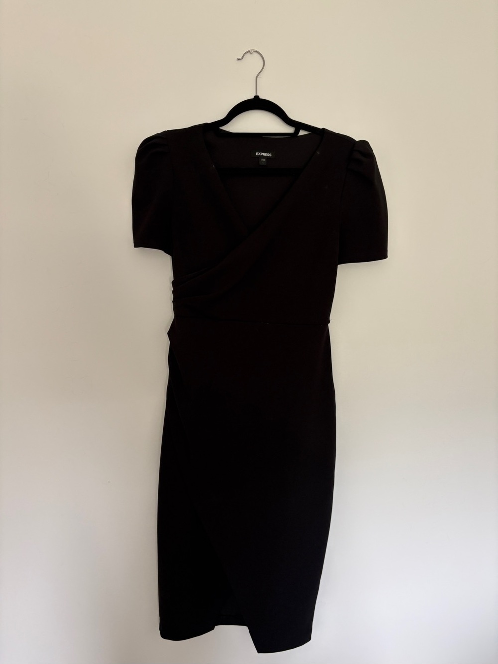 Express Black Faux-Wrap Midi Dress with Puff Sleeves